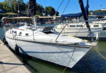 Although the Hunter 34's design is over 30 years old, it still has a modern look. The wide 11.58-foot beam and tall rig that towers more than 51 feet above the waterline give her speed in light air, but also contribute to her tippy tendencies. Courtesy of YachtWorld