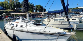 Although the Hunter 34's design is over 30 years old, it still has a modern look. The wide 11.58-foot beam and tall rig that towers more than 51 feet above the waterline give her speed in light air, but also contribute to her tippy tendencies. Courtesy of YachtWorld