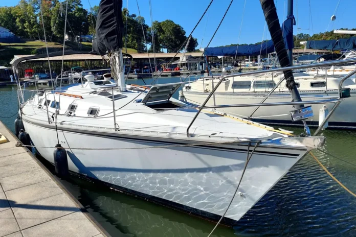 Although the Hunter 34's design is over 30 years old, it still has a modern look. The wide 11.58-foot beam and tall rig that towers more than 51 feet above the waterline give her speed in light air, but also contribute to her tippy tendencies. Courtesy of YachtWorld