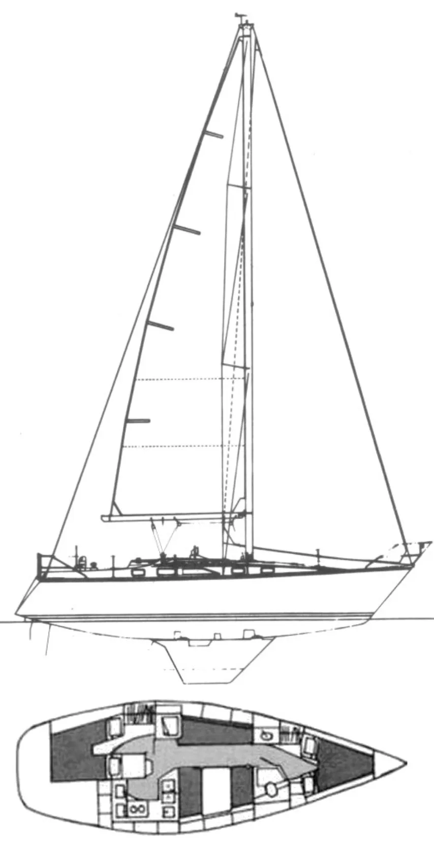 The complex B&R rig features swept-back spreaders and diamond shrouds that can be tricky for novice sailors to tune properly. Most Hunter 34s came with the reliable Yanmar 3GMF diesel, which provides adequate power at 22.5 horsepower. Courtesy of Sailboatdata.com