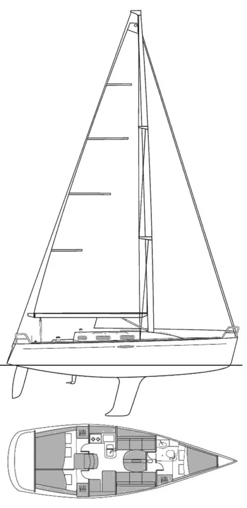 The fin keel with bulb and spade rudder configuration offers two draft options—just over five feet or seven feet. Image courtesy of SailboatData.com