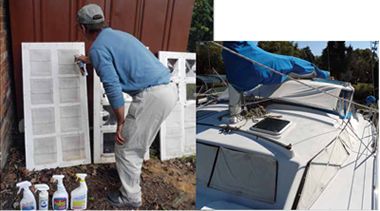 Practical Sailor’s canvas-treatment panel test narrowed the field down to four finalists that advanced to on-the-boat testing. Testerswere careful not to cross-contaminate the test panels with spray from other products.”