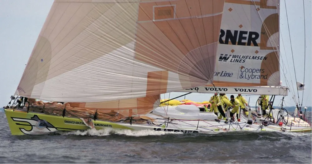 Ocean racing boats like Innovation Kvaerner represent a design compromise: wide beam and flat sections enhance downwind speed and sail-carrying ability, but these features must be carefully balanced with adequate keel depth and ballast to maintain competitive upwind performance.