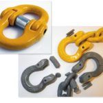 Switching to small-diameter, high-tensile chain (G70 or greater) leads to a hunt for small shackle pins to fit the chain’s smaller-diameter openings without weakening the rode. A small-diameter, high-tensile pin joins two U-shaped parts in a hammerlink (at left). Some sailors use omega links (at right) like these 6-mm Excel omega links from Van Beest (pictured with G80 chain). The yellow omega connector shows an assembly with a very short clevis pin (centering load). The identical, grey omegas were both Armorgalv-coated; the one on the left was tested to failure. The bow opened slightly, allowing the pin to be released and sheared. (Photo/ Jonathan Neeves)