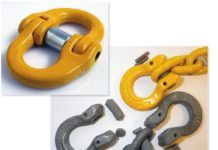 Switching to small-diameter, high-tensile chain (G70 or greater) leads to a hunt for small shackle pins to fit the chain’s smaller-diameter openings without weakening the rode. A small-diameter, high-tensile pin joins two U-shaped parts in a hammerlink (at left). Some sailors use omega links (at right) like these 6-mm Excel omega links from Van Beest (pictured with G80 chain). The yellow omega connector shows an assembly with a very short clevis pin (centering load). The identical, grey omegas were both Armorgalv-coated; the one on the left was tested to failure. The bow opened slightly, allowing the pin to be released and sheared. (Photo/ Jonathan Neeves)