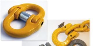 Switching to small-diameter, high-tensile chain (G70 or greater) leads to a hunt for small shackle pins to fit the chain’s smaller-diameter openings without weakening the rode. A small-diameter, high-tensile pin joins two U-shaped parts in a hammerlink (at left). Some sailors use omega links (at right) like these 6-mm Excel omega links from Van Beest (pictured with G80 chain). The yellow omega connector shows an assembly with a very short clevis pin (centering load). The identical, grey omegas were both Armorgalv-coated; the one on the left was tested to failure. The bow opened slightly, allowing the pin to be released and sheared. (Photo/ Jonathan Neeves)