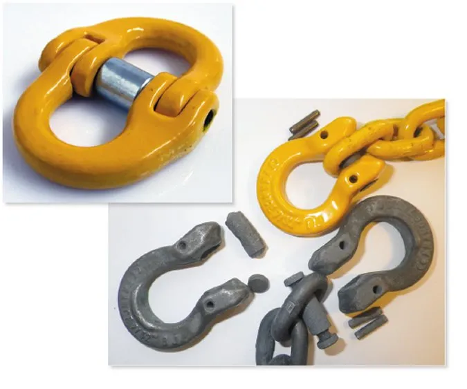 Anchor Shackles: The $15 Insurance Policy Switching to small-diameter, high-tensile chain (G70 or greater) leads to a hunt for small shackle pins to fit the chain’s smaller-diameter openings without weakening the rode. A small-diameter, high-tensile pin joins two U-shaped parts in a hammerlink (at left). Some sailors use omega links (at right) like these 6-mm Excel omega links from Van Beest (pictured with G80 chain). The yellow omega connector shows an assembly with a very short clevis pin (centering load). The identical, grey omegas were both Armorgalv-coated; the one on the left was tested to failure. The bow opened slightly, allowing the pin to be released and sheared. (Photo/ Jonathan Neeves)