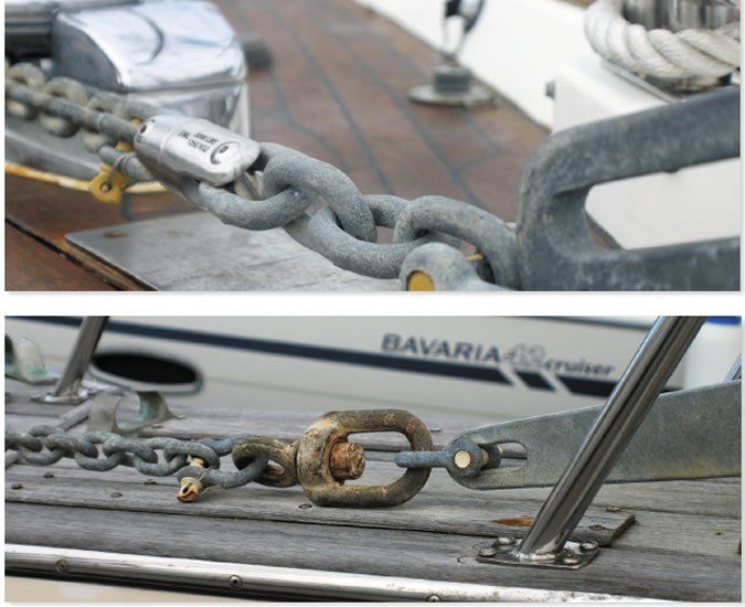 The maker of the Kong ball-and-socket swivel (top photo) suggests adding a chain leader between the anchor and the swivel to avoid side loading. An eye-and-eye, galvanized cup swivel (bottom) is easy to inspect for corrosion. A bow shackle between the chain and anchor prevents side loading and allows for an oversized, load-rated swivel that will exceed the chain’s tensile strength. 