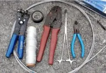 A Smart, Easy Way to Rewire Essential tools for rewriting (left to right): fish tape, RJ45 crimping toolelectrician's tape, 10 pound mason's line (pull string), 1 insulated terminal crimping pliers, long-jawed hemostat, and wire cutters.