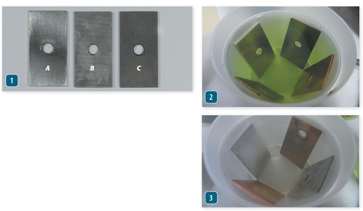 1. The coupon that spent 4 hours in the 0.4% HCl solution (A) had lost 4 percent of its weight and was visibly porous. The CLR coupon (B) was unchanged (0.02 percent weight loss), and the Sew Clean coupon (C) was somewhere in the middle (0.5% weight loss). 2. The slow-acting chemicals, like CLR, gave no sign of reaction. CLR is generally safe for raw water cooling passages when used as directed. 3. The fast acting chemicals all clearly showed fizzing. (Photo/ Drew Frye)