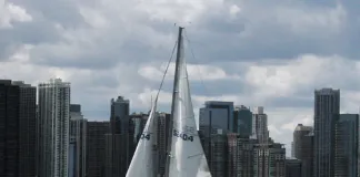 The Chicago skyline make for fun, gusty sailing. A favorite land- mark is the MV Abegweit, the 372-foot long icebreaker that is home to the Columbia Yacht Club.