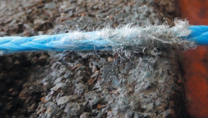 HMPE rope was unimpressive during side-to-side chafe testing against cinder block.