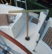 4. Some emergency tillers are so inefficient that the helmsperson, rather than the vessel, are being steered. As wind and wave action increases, course control becomes a losing battle. This wobbly T-fitting is misaligned so that it rubs against the access hole. A T-type emergency tillers can be efficient as long as the person at the helm retains good visibility and some comfort. This setup meets the former criteria.