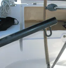 5. Some emergency tillers provide fittings for two lines to be run to cockpit winches on either side of the boat. This requires two people with winch handles to be available on a 24/7 basis. In many cases, a short emergency tiller is mandated due to cockpit tables, binnacles and running rigging that intrude on a longer tillers swing arc. Connection points for lines to winches can add more steering power but the tiller’s connection to the head of the rudder stock must be solid.