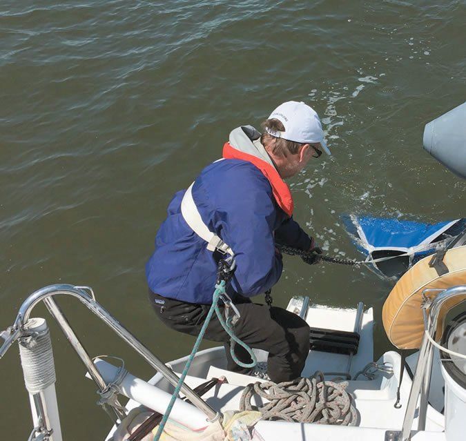 p1bgoe6iniavg1aa41k4vrhi1d166 Testers were always tethered to the boat, even in light weather. In heavy weather, two hands are required to manhandle drogues and the deck is moving; the tether saved us from going over many times. A bucket lashed to the stern rain was handy for handling chain rode without scratching gelcoat.