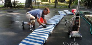 Twenty-year old cushions looked like new with a little bit of scrubbing. A carpet cleaner proved helpful with tough stains. (Photo/ Drew Frye)