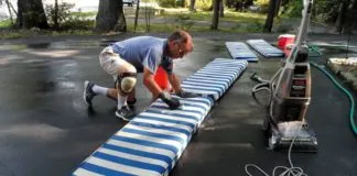 Twenty-year old cushions looked like new with a little bit of scrubbing. A carpet cleaner proved helpful with tough stains. (Photo/ Drew Frye)