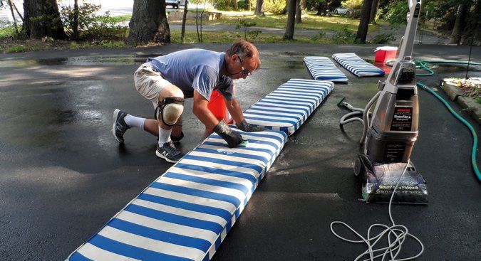 p1c3tl35gsd92f0lc0b13vd1t2k6 Twenty-year old cushions looked like new with a little bit of scrubbing. A carpet cleaner proved helpful with tough stains. (Photo/ Drew Frye)