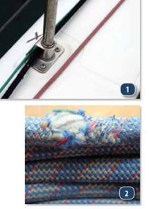 Snubber details: 1. The snubbers are run through the stanchion bases to keep the sidedecks clear. 2. During testing, the outer casing on the climbing rope tore and melted.