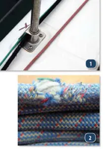 Snubber details: 1. The snubbers are run through the stanchion bases to keep the sidedecks clear. 2. During testing, the outer casing on the climbing rope tore and melted.