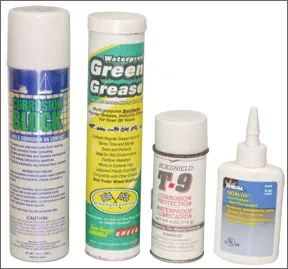 Most of the anti-corrosion coatings began losing effectiveness after just two weeks in the test chamber; from left: Corrosion Block, Green Grease, Boeshield T-9, and Noalox.