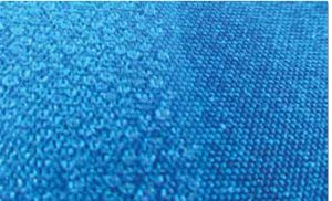 This photo shows an example of treated (left, with Star brite with PTFE)and untreated Sunbrella. Note the difference in water-beading action.