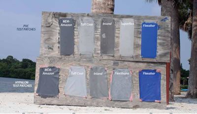 PS applied five paints for inflatable boats on PVC and Hypalon test panels in the summer of 2010. 