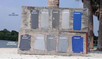 PS applied five paints for inflatable boats on PVC and Hypalon test panels in the summer of 2010.