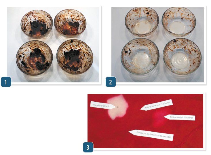 1. Baked salsa challenged the tank cleaners in our test (before). 2. Clockwise from top left (after): Starbrite Tank & System Flush, Finish Power- ball, water, Camco Spring Fresh. I tested to see if there were any differences in cleaning power of these solutions but found that they were insignificant. 3. I applied several solutions to red fabric and observed the degree of bleaching. In my test boat, the tank was behind the settee in the saloon, so this was always a risk. Dropping a dry tablet would have no risk. Among solutions, bleach was the most precarious to handle near fabrics. (Photos/ Drew Frye)