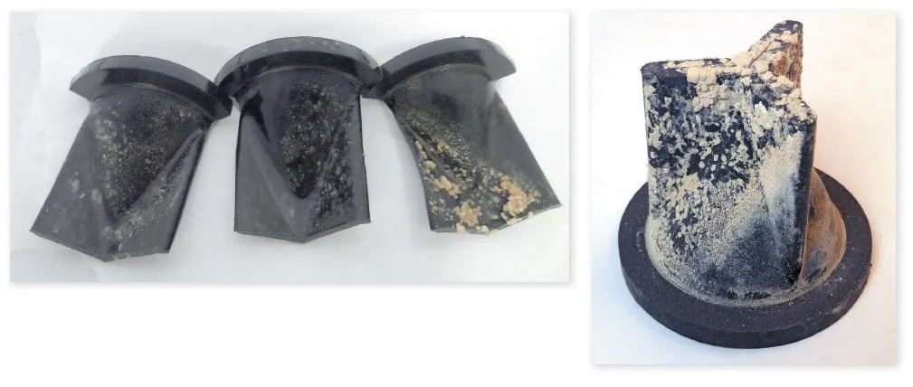 Our test joker valves (above), after being cleaned by the following products, from left: diluted muriatic acid (HCL), Trac Ecological Sew Clean, and CLR. The joker valves were coated by a conspicuous layer of lime (right) before cleaning. (Photo/ Drew Frye)
