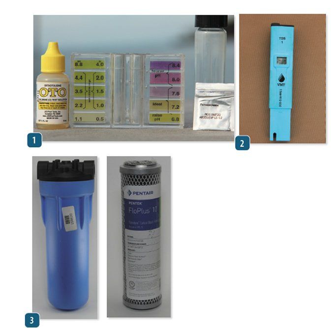 1. A pool test kit (left) helps maintain chlorine at safe levels (0.5-1ppm). The PathoScreen from Hatch (right) reveals whether any pathogens may be present in the water.2. A total dissolved solids meter can serve many purposes besides checking the quality of the water in your tank. 3. Installed just before the tap, the Pentek 2 x 10 G3 housing (left) fitted Pentek’s FloPlus-10 filter (right) is a cost-effective filter that meets the most stringent drinking water standards (NSF 53). (Photos/ Drew Frye)