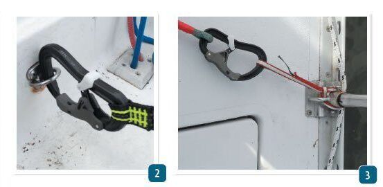 1. Stanchions are notoriously weak when leverage is applied, especially when corrosion is present at the base—as it is here. 2. Some hooks like the Wichard Proline are too tight a fit for smaller padeyes. 3. One antidote to accidental release or a tight fit is a short tether on the fixed point. (Photo/ Drew Frye)