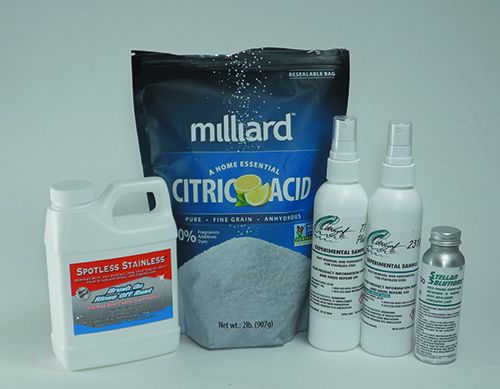 10. product samples. L-R Spotless stainless, Millard Citric Acid, Citrisurf 77, Citrisurf 2310, Stellar Solutions Rust Rescue 200