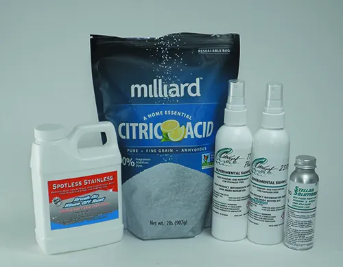 10. product samples. L-R Spotless stainless, Millard Citric Acid, Citrisurf 77, Citrisurf 2310, Stellar Solutions Rust Rescue 200