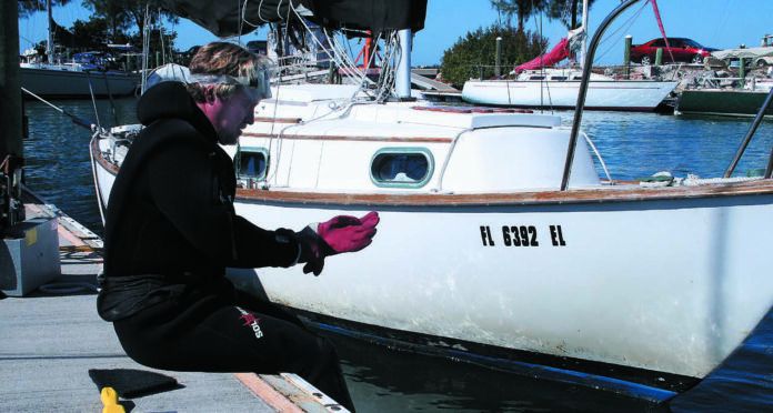 A professional cleaner prepares to dive on one of our former bottom paint test boats, a Cape Dory 28.