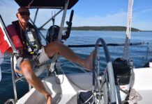 A cushioned seat in the pushpit allows for all kinds of steering options. Note the proximity of the sail controls to the helmsman's position. (Photo/ Bert Vermeer)