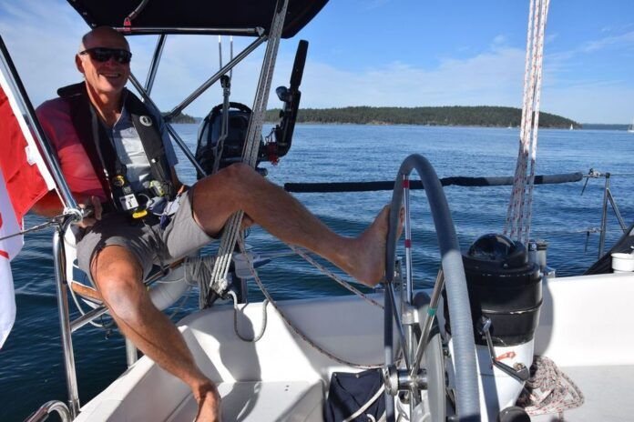 Hunter 35.5 Legend helm A cushioned seat in the pushpit allows for all kinds of steering options. Note the proximity of the sail controls to the helmsman's position. (Photo/ Bert Vermeer)