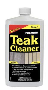Star Brite comes in a two-part system—a cleaner and a brightener. This is Step 1, the Teak Cleaner.