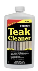 Star Brite comes in a two-part system—a cleaner and a brightener. This is Step 1, the Teak Cleaner.