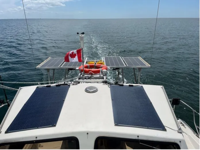 solar panel system on cat 600-watt solar panel system on Summer Twins 28 sailing catamaran Caribbean Soul 2. (Photo/ Clifford Burgess)