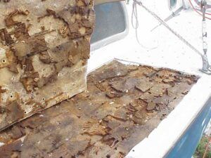 Due to water ingress, this deck rotted and needs to be replaced and reglassed. Photo courtesy of Mike Goodwin.