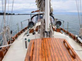 The 10-ft. beam introduces a degree of initial heel under sail, but the weighted keel keeps Pixie steady. (Photo/ Bert Vermeer)