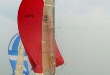 Das Boot's symmetric spinnaker is flying while the boat races downwind at the Fran Byrne Regatta, Aug. 2007. (Photo/ Nick Van Antwerp)
