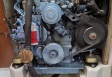 This Perkins M20, 3 cyl, 18hp diesel engine is cleaned, inspected and antifreeze flushed after a winter on the hard. Due to proper prep for both winter and spring, it is now running smoothly. (Photo/ Marc Robic)