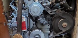 This Perkins M20, 3 cyl, 18hp diesel engine is cleaned, inspected and antifreeze flushed after a winter on the hard. Due to proper prep for both winter and spring, it is now running smoothly. (Photo/ Marc Robic)