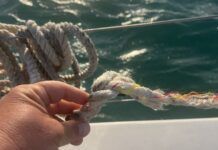 The three-strand nylon anchor rode was likely severed by a submerged metal object 30 feet from the boat. While Alex had 20 feet of chain attached to the 50 feet of nylon rode, it wasn't enough chain to battle the submerged object. (Photo/ Alex Jasper)