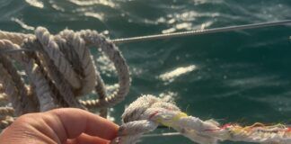 The three-strand nylon anchor rode was likely severed by a submerged metal object 30 feet from the boat. While Alex had 20 feet of chain attached to the 50 feet of nylon rode, it wasn't enough chain to battle the submerged object. (Photo/ Alex Jasper)