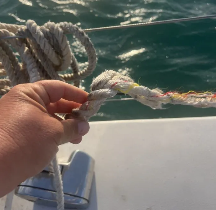 The three-strand nylon anchor rode was likely severed by a submerged metal object 30 feet from the boat. While Alex had 20 feet of chain attached to the 50 feet of nylon rode, it wasn't enough chain to battle the submerged object. (Photo/ Alex Jasper)