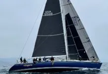 The smallest sail ahead of the mast is a stay sail , capturing the wind in the slot between the genoa and the main. Photo courtesy of Quantum Sails.