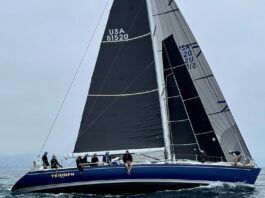 The smallest sail ahead of the mast is a stay sail , capturing the wind in the slot between the genoa and the main. Photo courtesy of Quantum Sails.